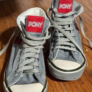 PONY Kids Gray and Red High-Top Sneakers